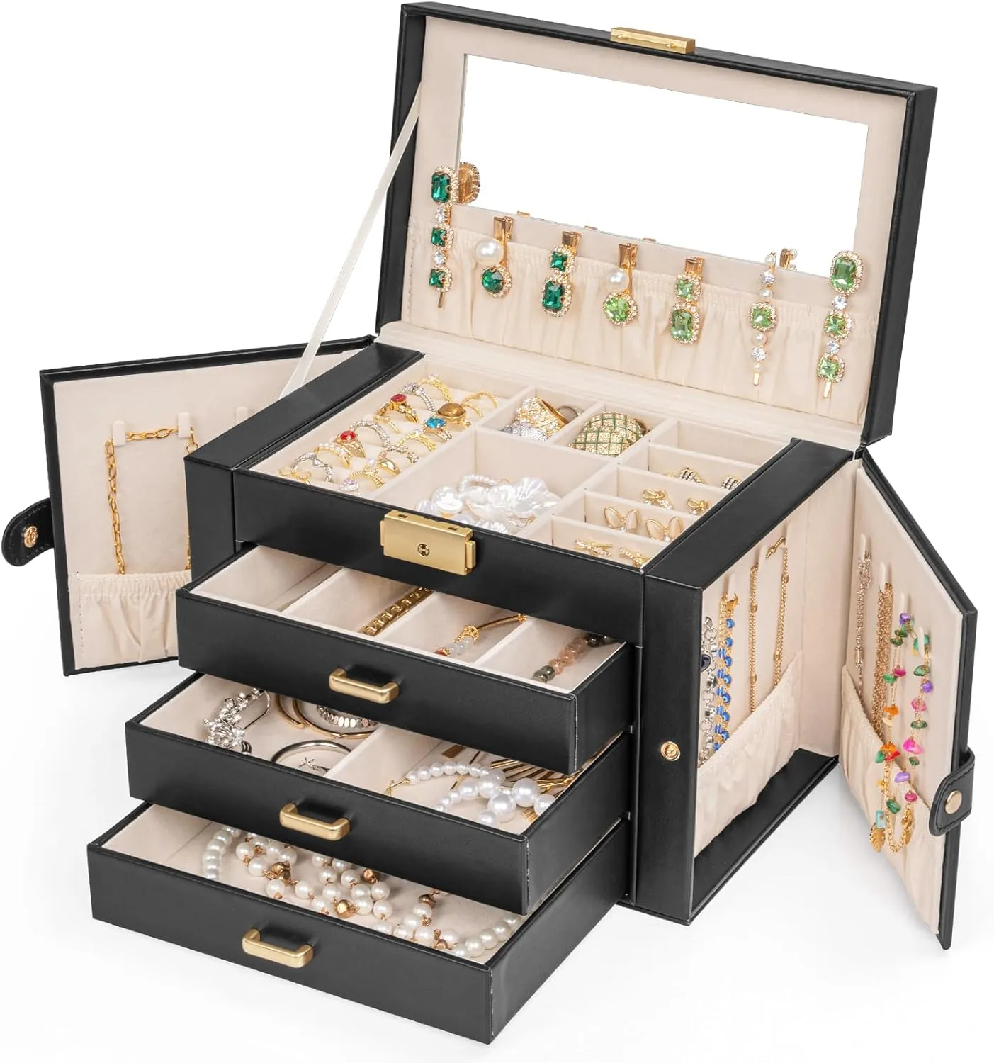 Mirror Black AKOZLIN Large extol decent longtime 4-Tier Jewelry Box Leather Jewelry Storage Organizer with 3 Drawers Lockable for Women Girls Ring Necklace Earring Bracelet Watches Holder with 