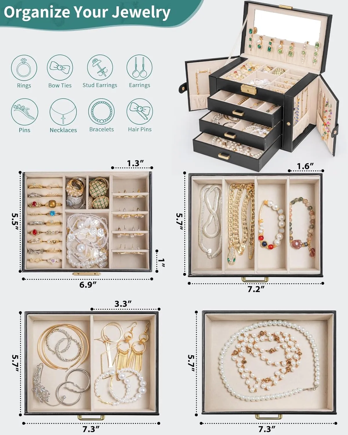 Mirror Black AKOZLIN Large extol decent longtime 4-Tier Jewelry Box Leather Jewelry Storage Organizer with 3 Drawers Lockable for Women Girls Ring Necklace Earring Bracelet Watches Holder with 