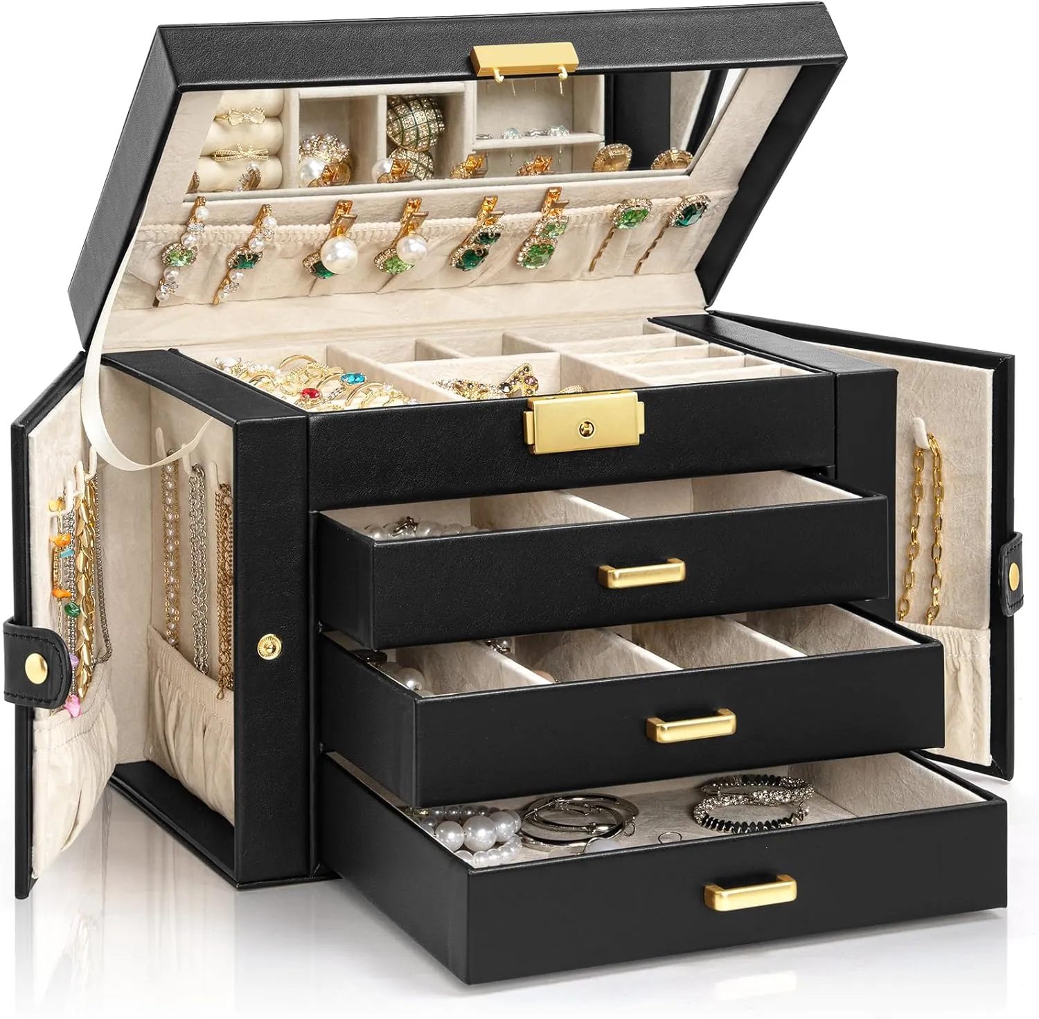 Mirror Black AKOZLIN Large extol decent longtime 4-Tier Jewelry Box Leather Jewelry Storage Organizer with 3 Drawers Lockable for Women Girls Ring Necklace Earring Bracelet Watches Holder with 