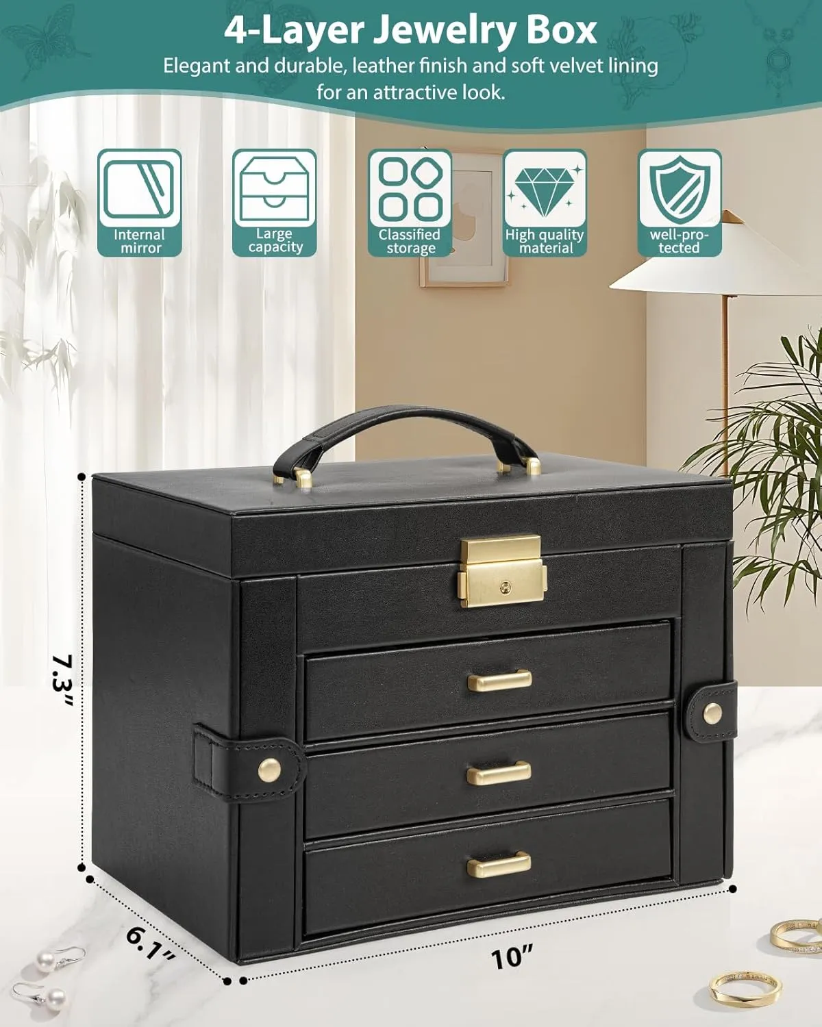 Mirror Black AKOZLIN Large extol decent longtime 4-Tier Jewelry Box Leather Jewelry Storage Organizer with 3 Drawers Lockable for Women Girls Ring Necklace Earring Bracelet Watches Holder with 