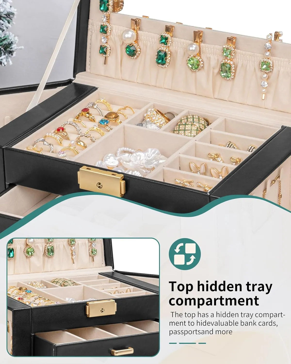 Mirror Black AKOZLIN Large extol decent longtime 4-Tier Jewelry Box Leather Jewelry Storage Organizer with 3 Drawers Lockable for Women Girls Ring Necklace Earring Bracelet Watches Holder with 