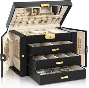 Mirror Black AKOZLIN Large extol decent longtime 4-Tier Jewelry Box Leather Jewelry Storage Organizer with 3 Drawers Lockable for Women Girls Ring Necklace Earring Bracelet Watches Holder with 
