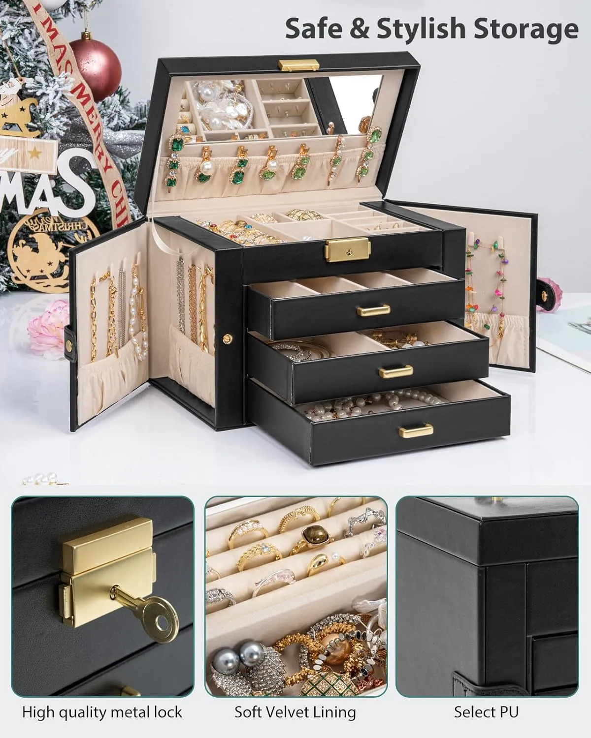 Mirror Black AKOZLIN Large extol decent longtime 4-Tier Jewelry Box Leather Jewelry Storage Organizer with 3 Drawers Lockable for Women Girls Ring Necklace Earring Bracelet Watches Holder with 