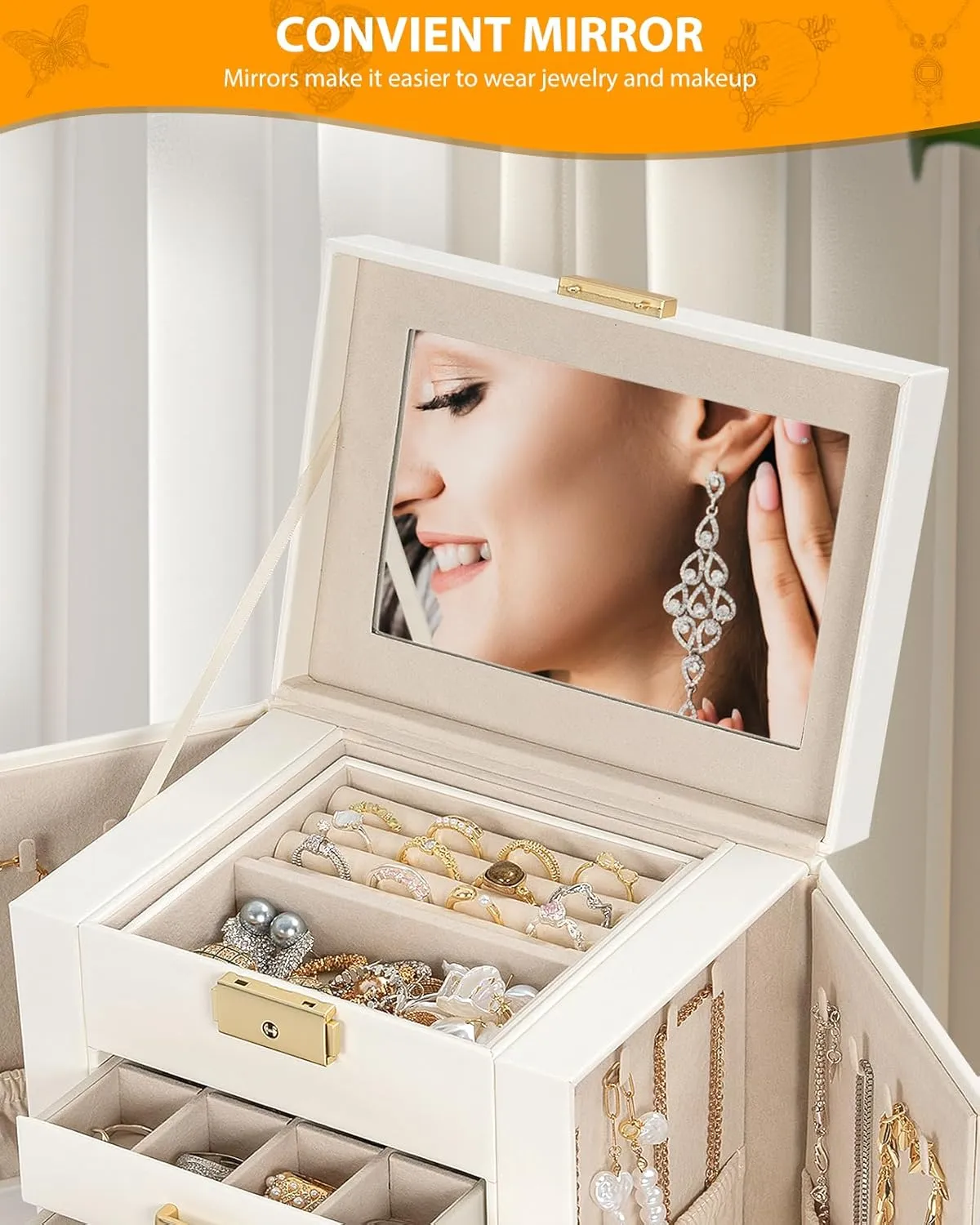 Mirror White AKOZLIN 5-Tier Jewelry Box Leather Jewelry Storage Organizer with 4 Drawers Lockable for Women Girls Ring Necklace Earring romanize gossamer frivolity Africa Bracelet Watches Holder with 