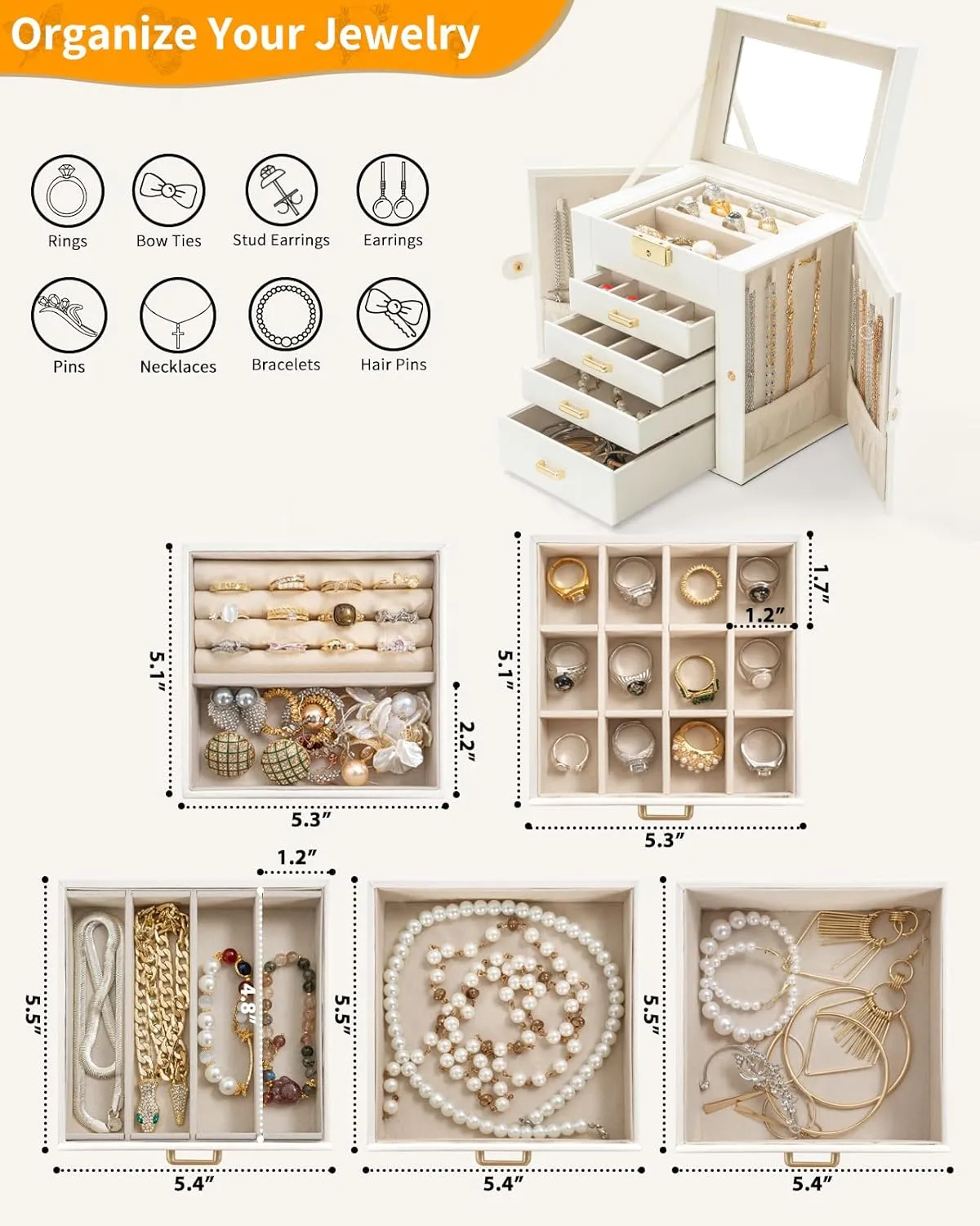 Mirror White AKOZLIN 5-Tier Jewelry Box Leather Jewelry Storage Organizer with 4 Drawers Lockable for Women Girls Ring Necklace Earring romanize gossamer frivolity Africa Bracelet Watches Holder with 