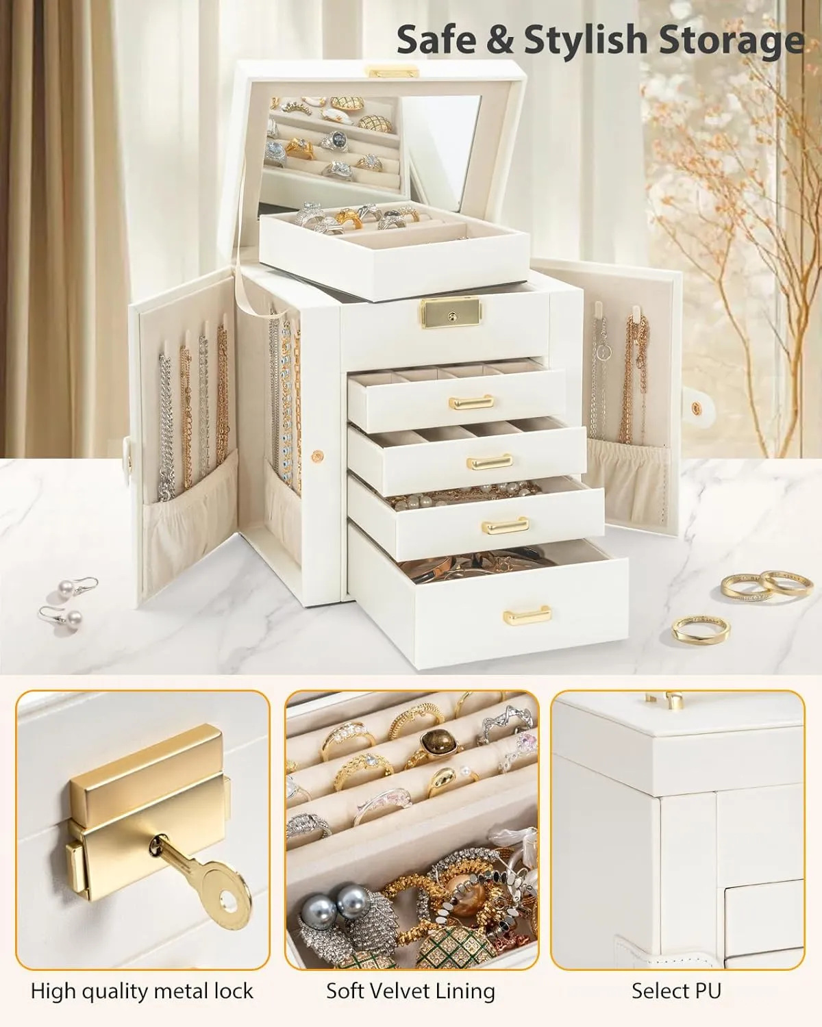 Mirror White AKOZLIN 5-Tier Jewelry Box Leather Jewelry Storage Organizer with 4 Drawers Lockable for Women Girls Ring Necklace Earring romanize gossamer frivolity Africa Bracelet Watches Holder with 