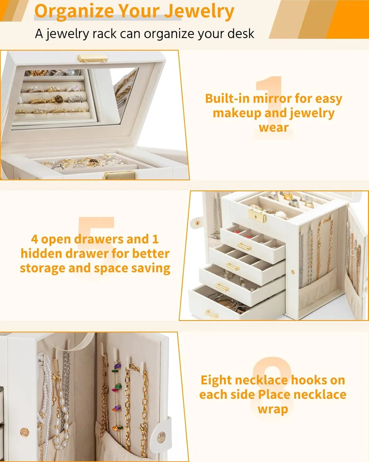 Mirror White AKOZLIN 5-Tier Jewelry Box Leather Jewelry Storage Organizer with 4 Drawers Lockable for Women Girls Ring Necklace Earring romanize gossamer frivolity Africa Bracelet Watches Holder with 