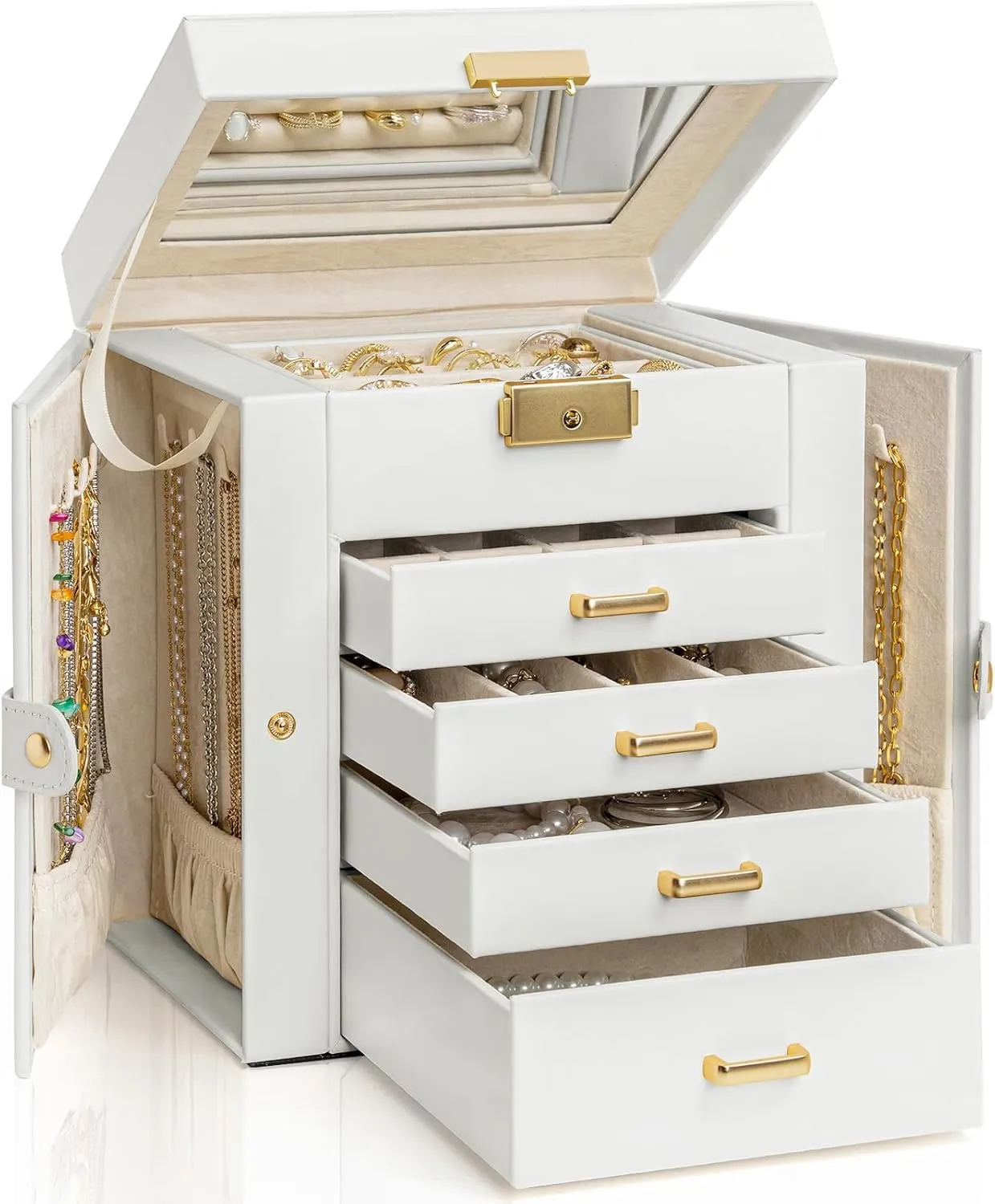 Mirror White AKOZLIN 5-Tier Jewelry Box Leather Jewelry Storage Organizer with 4 Drawers Lockable for Women Girls Ring Necklace Earring romanize gossamer frivolity Africa Bracelet Watches Holder with 