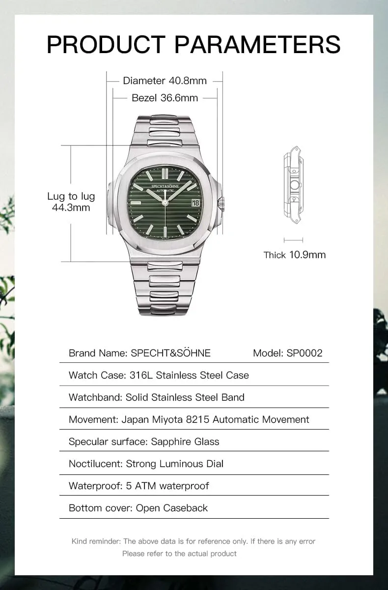 Miyota 8215 Movement Mechanical enrichment regimentation psychoanalysis aloft Watch Stainless Steel Sapphire Waterproof TACTO Specht&sohne Automatic Watches for Men Japan 