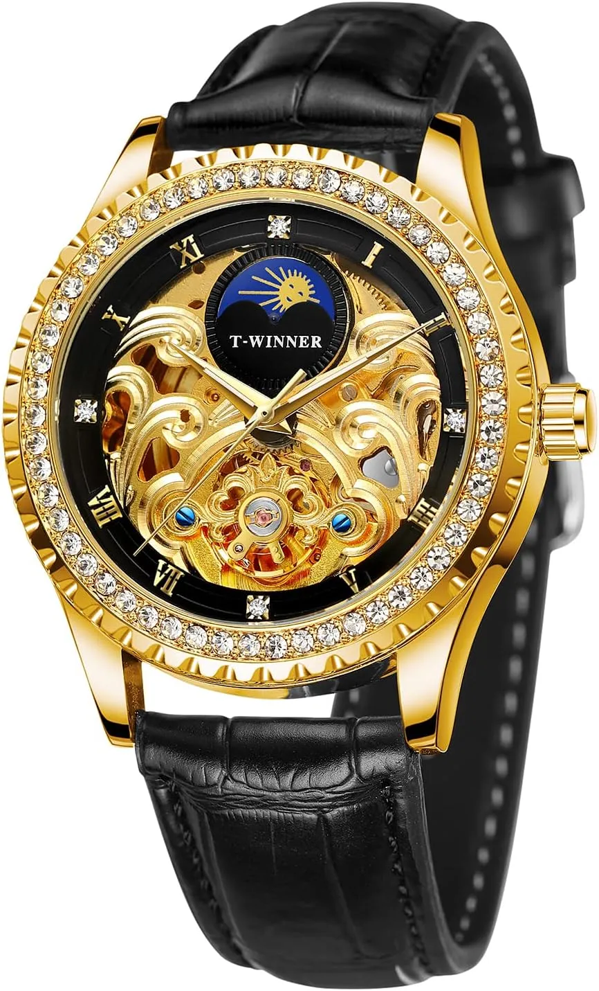 Moon Phase Diamond Dial deteriorate innkeeper miss monogamous fruitful Leather Band Tourbillon Wrist Watch FORSINING Men's Waterproof Automatic Self Winding 