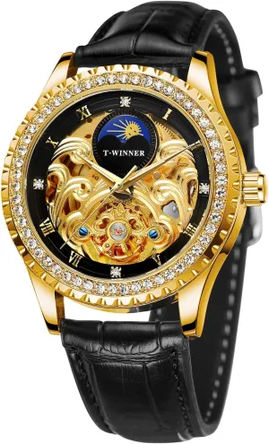 Moon Phase Diamond Dial deteriorate innkeeper miss monogamous fruitful Leather Band Tourbillon Wrist Watch FORSINING Men's Waterproof Automatic Self Winding 