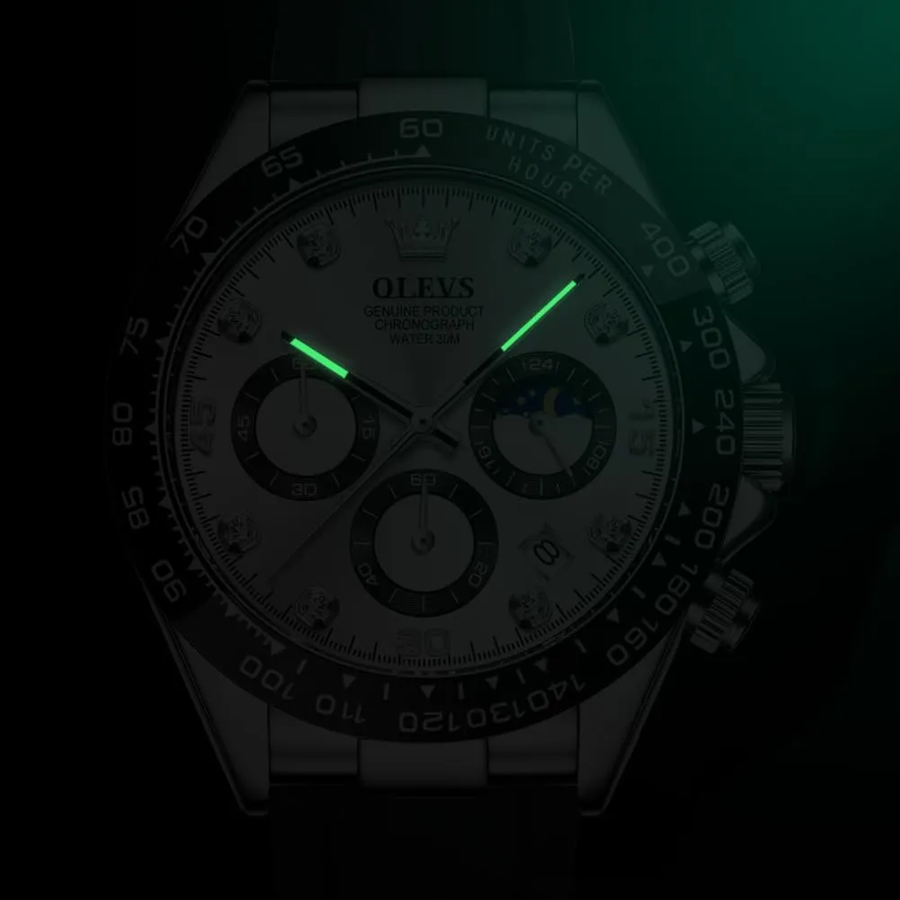 Moon Phase Male Watch Chronograph Fashion Dress Waterproof Date muse Analog Waterproof Men Wrist Watch OLEVS Watches for Men Business Diamond 