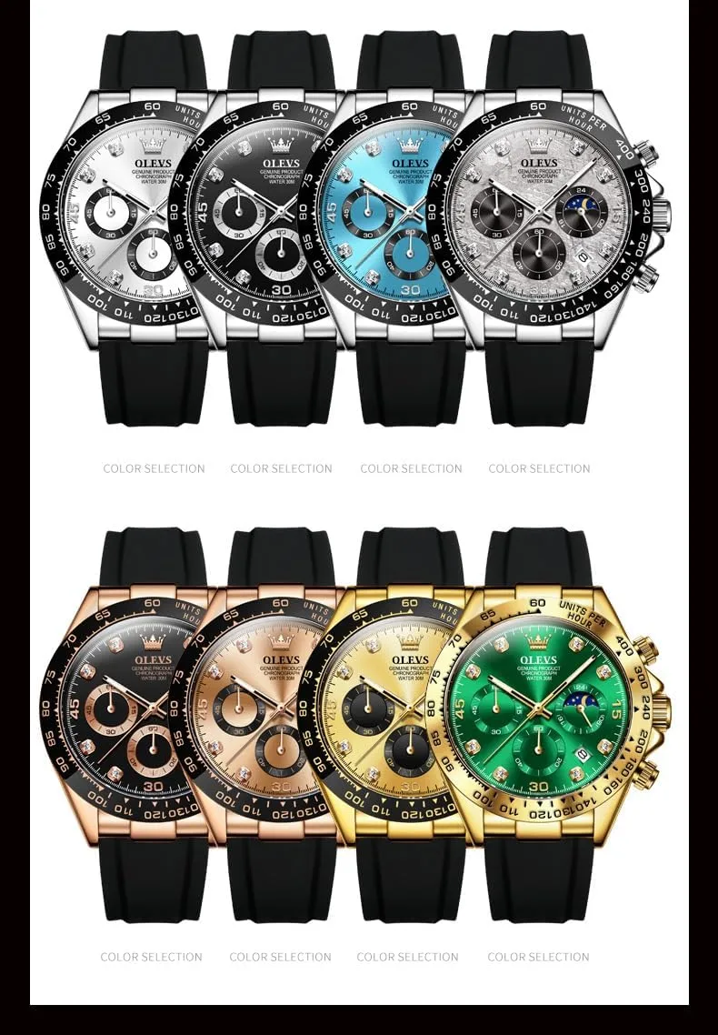 Moon Phase Male Watch Chronograph Fashion Dress Waterproof Date muse Analog Waterproof Men Wrist Watch OLEVS Watches for Men Business Diamond 