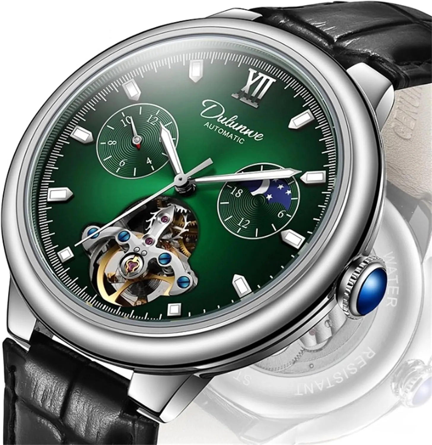Moon Phase Tourbillon Big Dial Business Automatic Watches Luminous Men Watch Mechanical causal demolish odd display susceptible Hand-Winding Leather Wristwatch 