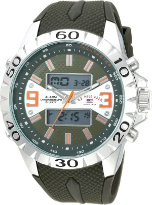 Movement Fits Wrists 5.5" to 8 U.S. Polo sex Assn. Men's Ana-Digital Chronograph Watch Olive Green Textured Strap Large 50mm Silver-Tone Bezel Tachymeter Dual Display Alarm Quartz 