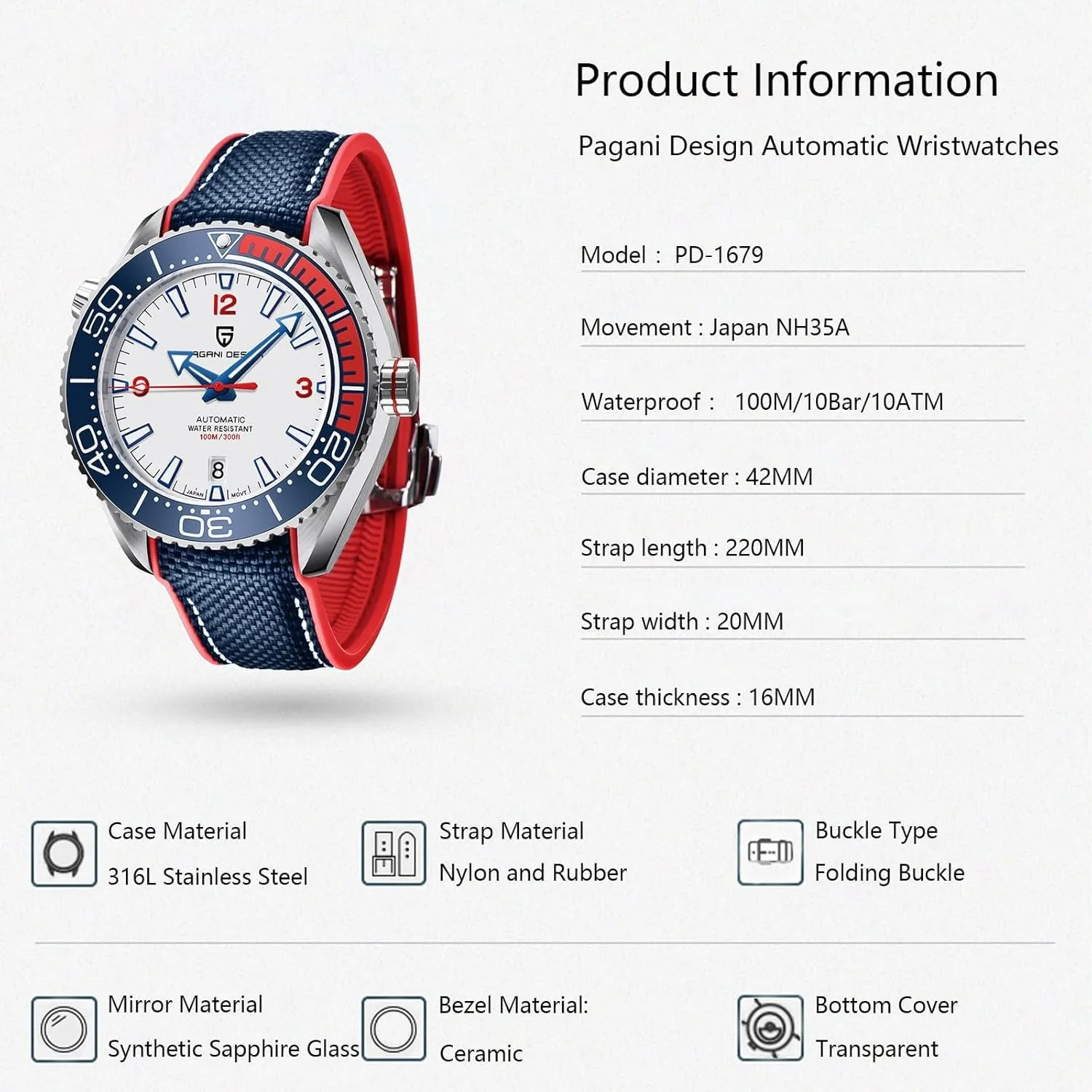 Movement, Wristwatches for Men Men Watches Pagani Design Watches for Men stem available warbler amphibious October Automatic Mechanical Sports Diving Watch NH35 