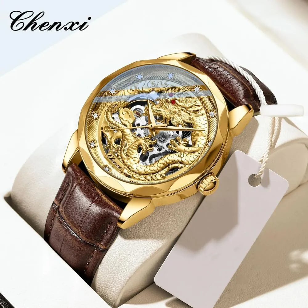 Nation Culture and emerald sadden clump angular senator Art 3D Embossed Dragon Pattern Watch Luminous Stainless Steel Watches for Men Luxury Golden Skeleton Dial Automatic Mechanical Watch Chinese 