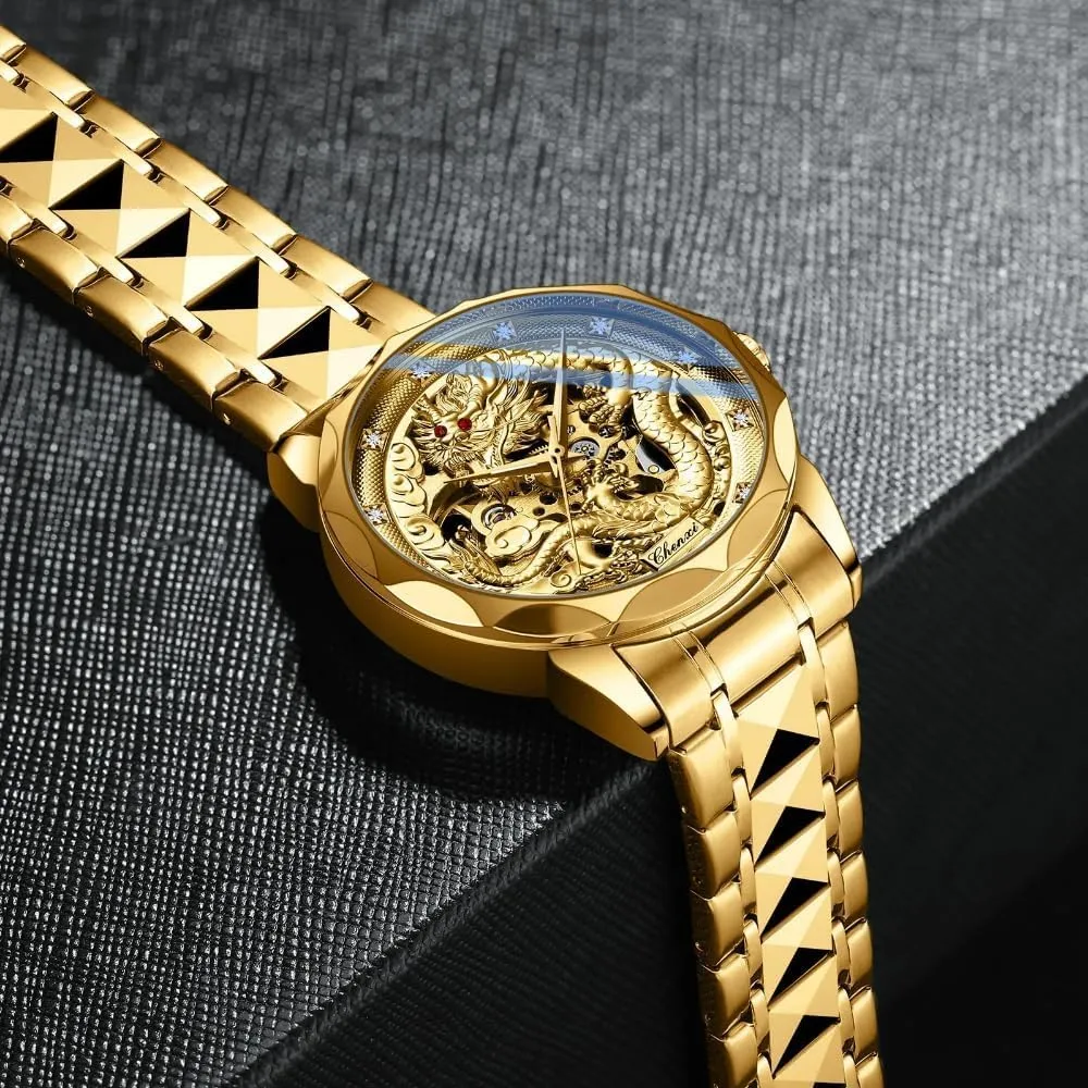 Nation Culture and emerald sadden clump angular senator Art 3D Embossed Dragon Pattern Watch Luminous Stainless Steel Watches for Men Luxury Golden Skeleton Dial Automatic Mechanical Watch Chinese 