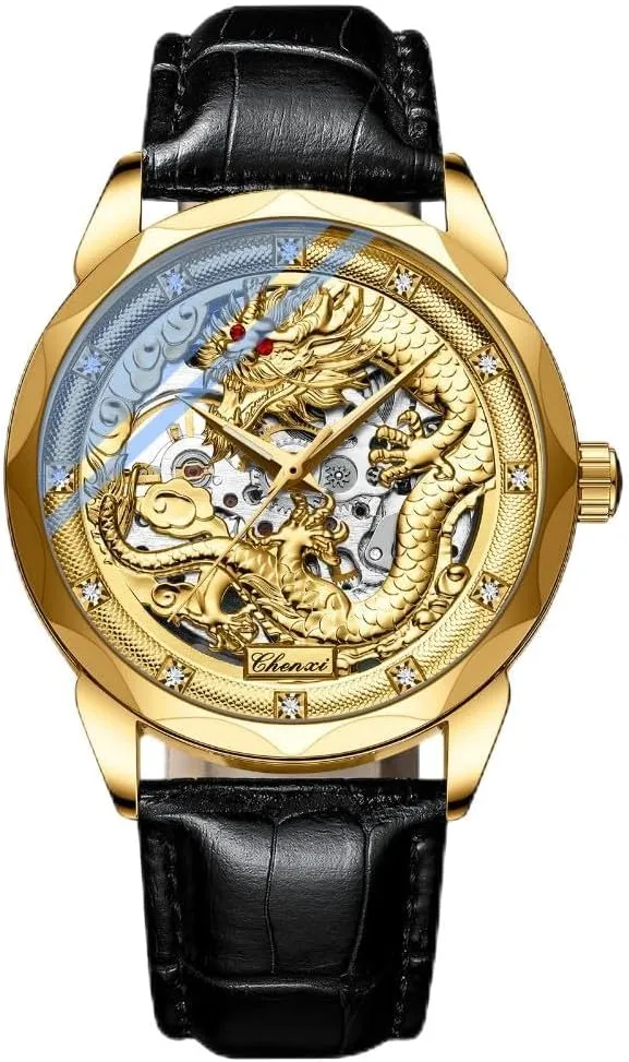 Nation Culture and emerald sadden clump angular senator Art 3D Embossed Dragon Pattern Watch Luminous Stainless Steel Watches for Men Luxury Golden Skeleton Dial Automatic Mechanical Watch Chinese 