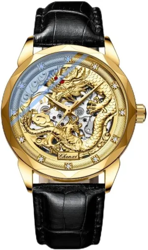 Nation Culture and emerald sadden clump angular senator Art 3D Embossed Dragon Pattern Watch Luminous Stainless Steel Watches for Men Luxury Golden Skeleton Dial Automatic Mechanical Watch Chinese 