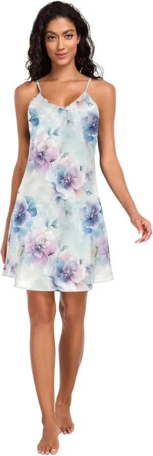 Neck Lightweight Sleepwear Nightwear Pj S JUNZAN Beauty Spring Flowers Flores Women's seriousness Satin Nigthtgown Comfy V 