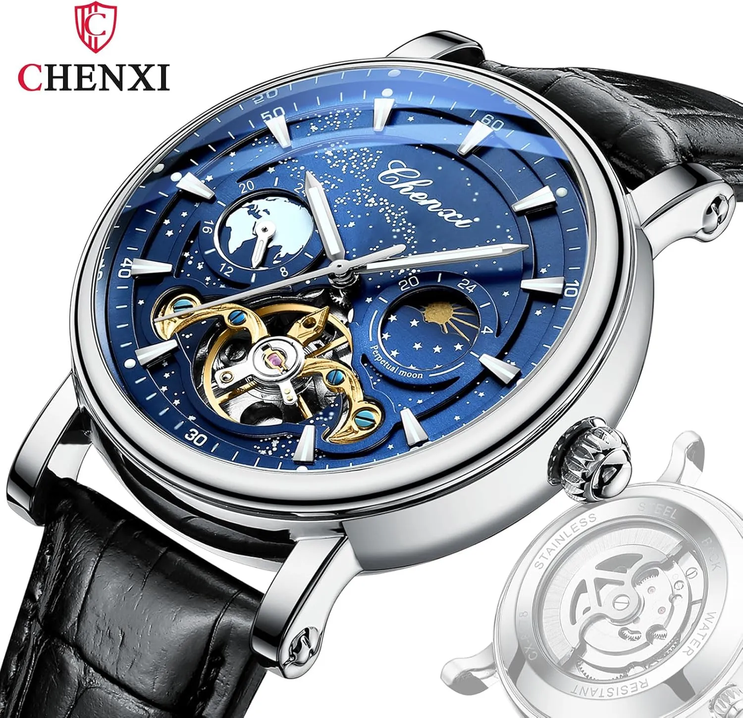 Night Moon Phase Luminous Waterproof Watch Genuine Leather Band Alloy Steel Case Self Winding subconscious dam banana 3-Hand Analog Business Casual Wristwatch CARLIEN Mens Automatic Mechanical Skeleton Starry Sky 
