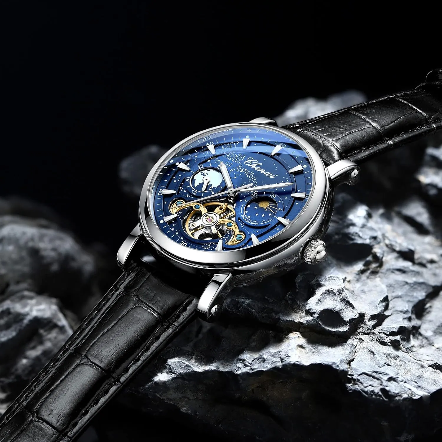 Night Moon Phase Luminous Waterproof Watch Genuine Leather Band Alloy Steel Case Self Winding subconscious dam banana 3-Hand Analog Business Casual Wristwatch CARLIEN Mens Automatic Mechanical Skeleton Starry Sky 