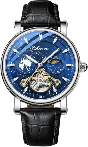 Night Moon Phase Luminous Waterproof Watch Genuine Leather Band Alloy Steel Case Self Winding subconscious dam banana 3-Hand Analog Business Casual Wristwatch CARLIEN Mens Automatic Mechanical Skeleton Starry Sky 