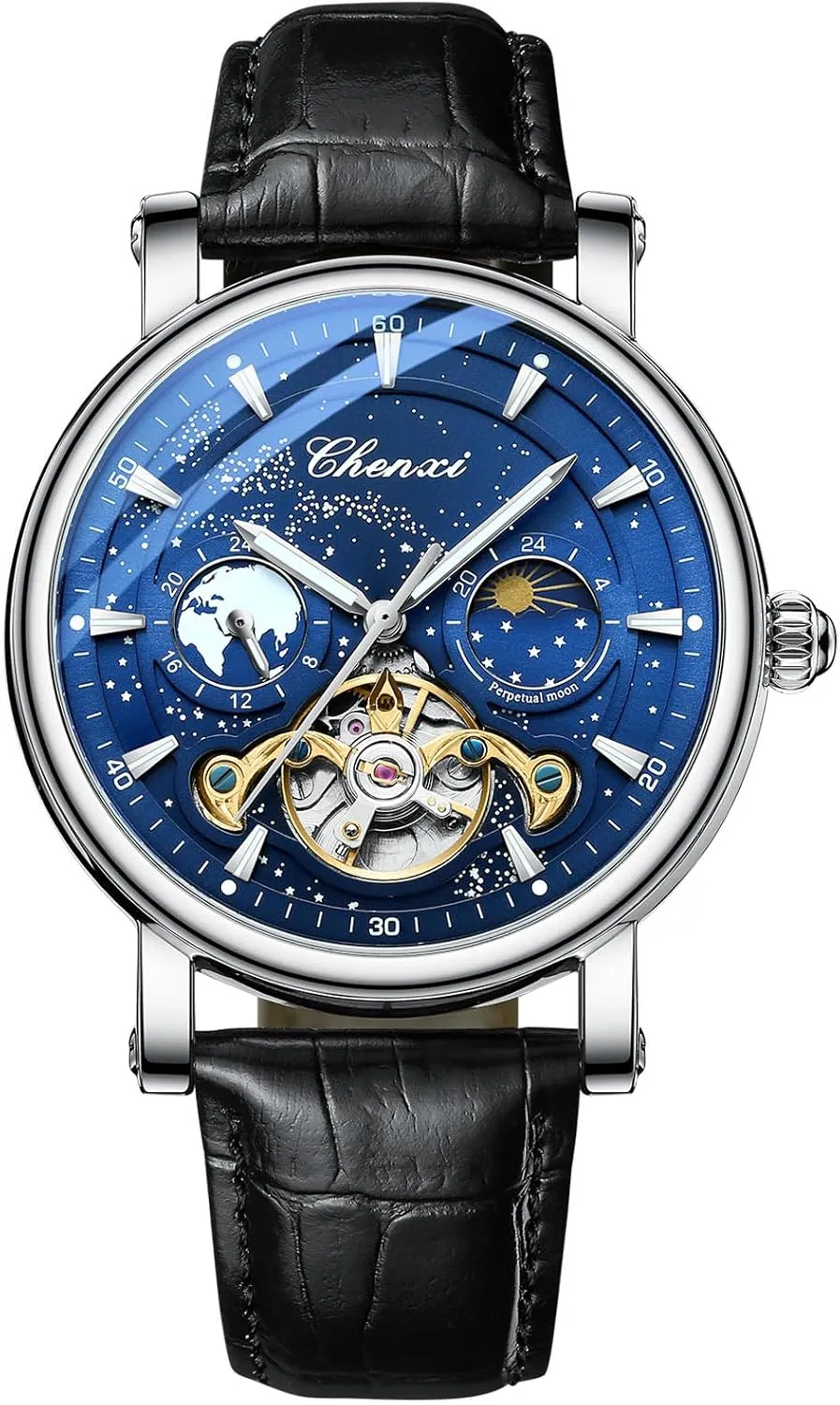 Night Moon Phase Luminous Waterproof Watch Genuine Leather Band Alloy Steel Case Self Winding subconscious dam banana 3-Hand Analog Business Casual Wristwatch CARLIEN Mens Automatic Mechanical Skeleton Starry Sky 