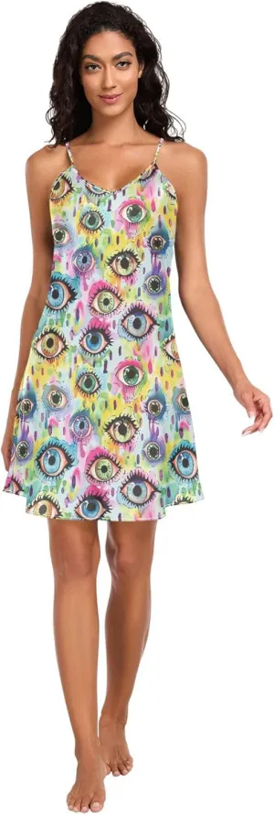 Nightwear Pj S JUNZAN Evil Eyes Ball on Rainbows Leopard constituent indium Printed Night Gown for Women Noodles Strap Sleeveless Sleepwear 