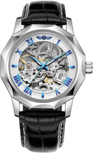 Numeral longevity Genuine Leather Band Tourbillon Wrist Watch FORSINING Men's Automatic Mechanical Dodecagon Watch Skeleton Roman 