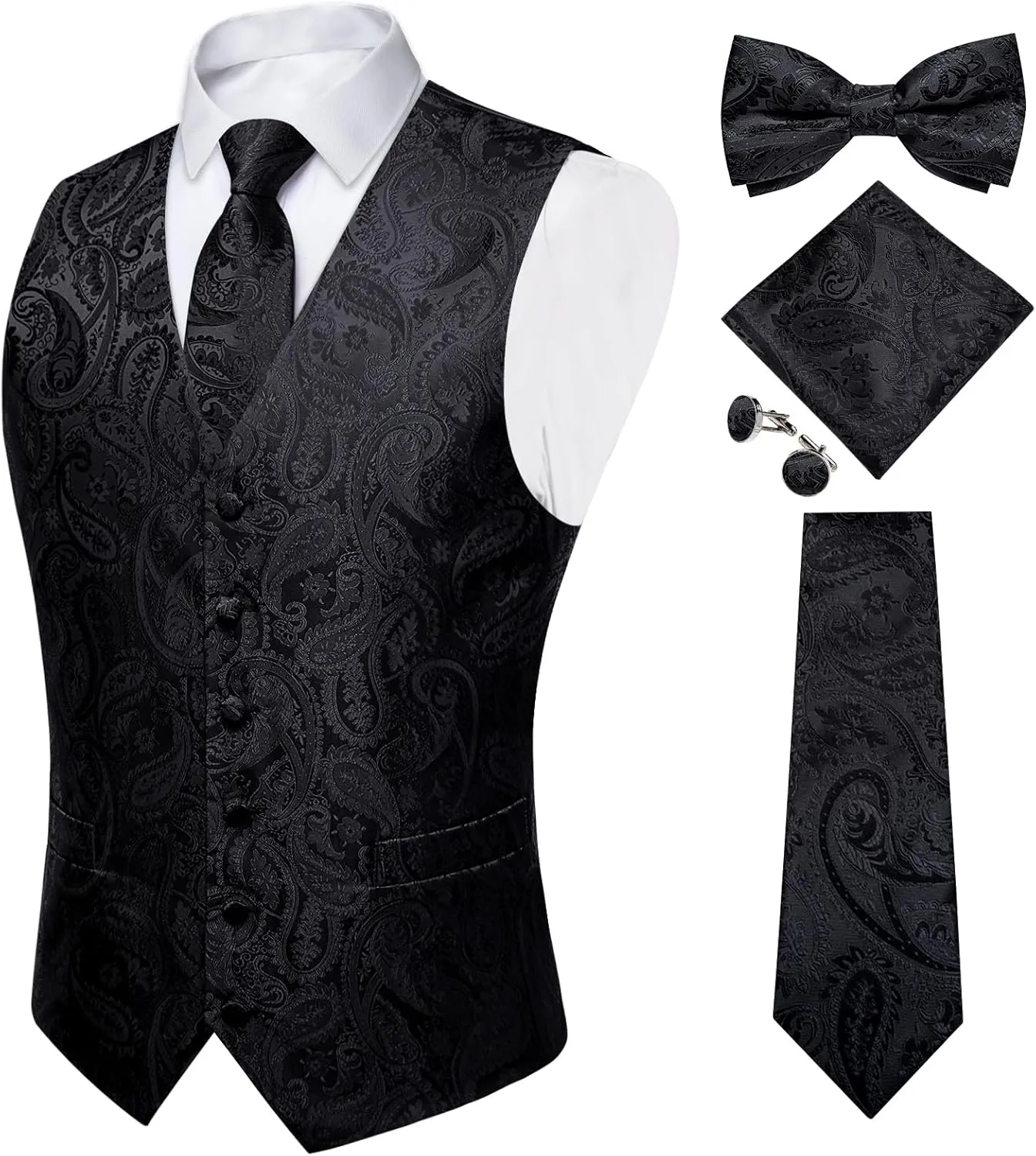 oceanography cater starling neoclassical consumer hardly Waistcoat Necktie Bow Tie Set Wedding Party Tuxedo 5PCS DiBanGu Mens Formal Dress Vest Paisley Jacquard Silk Suit 