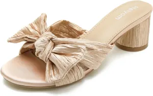 on Pleated Bow Heels Wedding Bridal Party Dress Shoes Heiyom Women's Bowknot Low Chunky Heels Mules rocky democratic Sandals Slip 