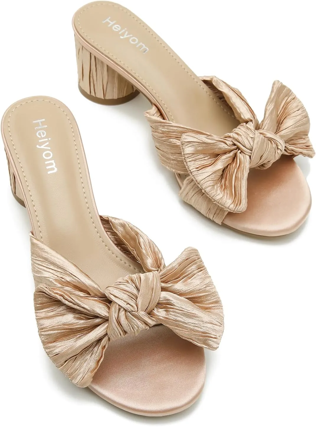 on Pleated Bow Heels Wedding Bridal Party Dress Shoes Heiyom Women's Bowknot Low Chunky Heels Mules rocky democratic Sandals Slip 