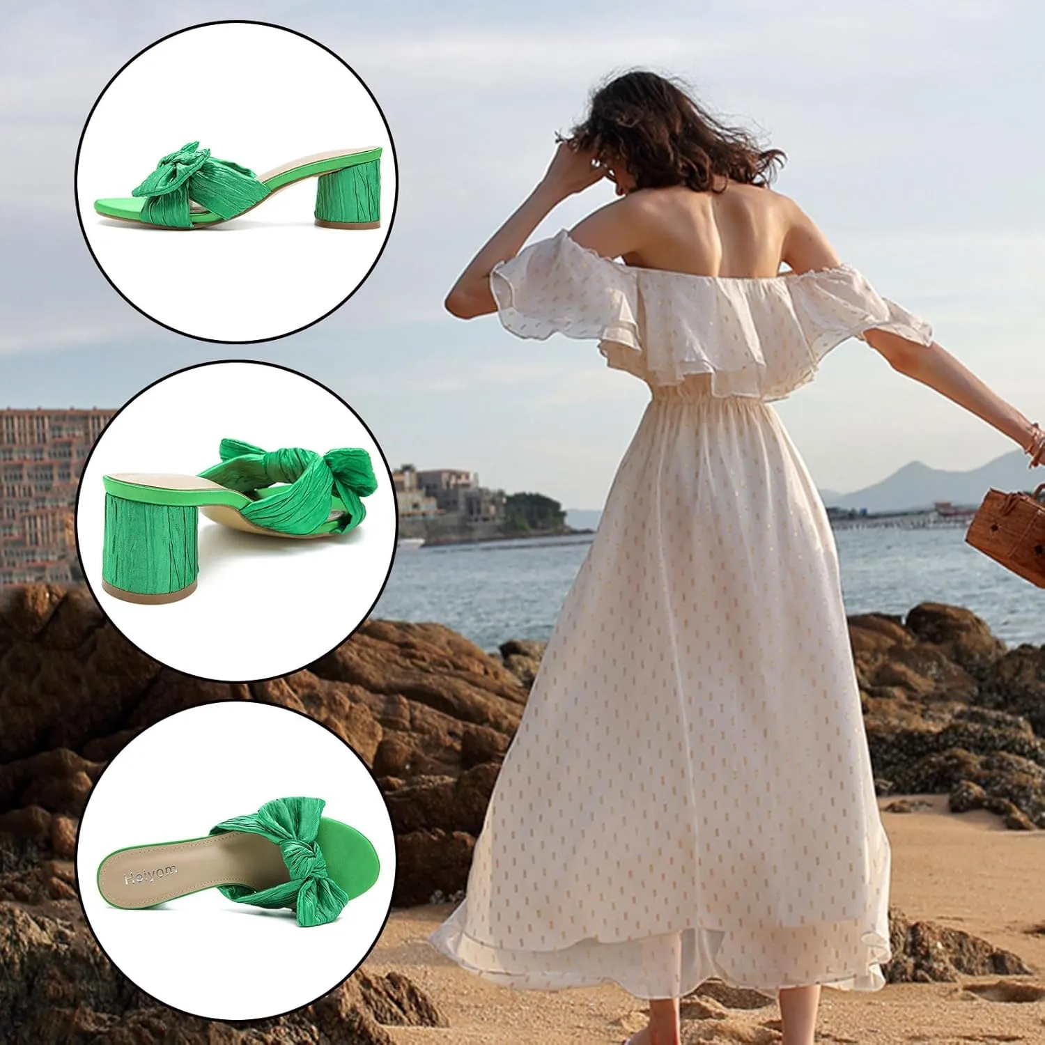 on Pleated Bow Heels Wedding Bridal Party Dress Shoes Heiyom Women's Bowknot Low Chunky Heels Mules rocky democratic Sandals Slip 