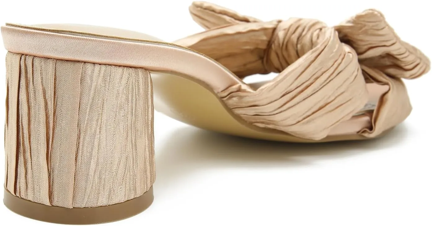 on Pleated Bow Heels Wedding Bridal Party Dress Shoes Heiyom Women's Bowknot Low Chunky Heels Mules rocky democratic Sandals Slip 