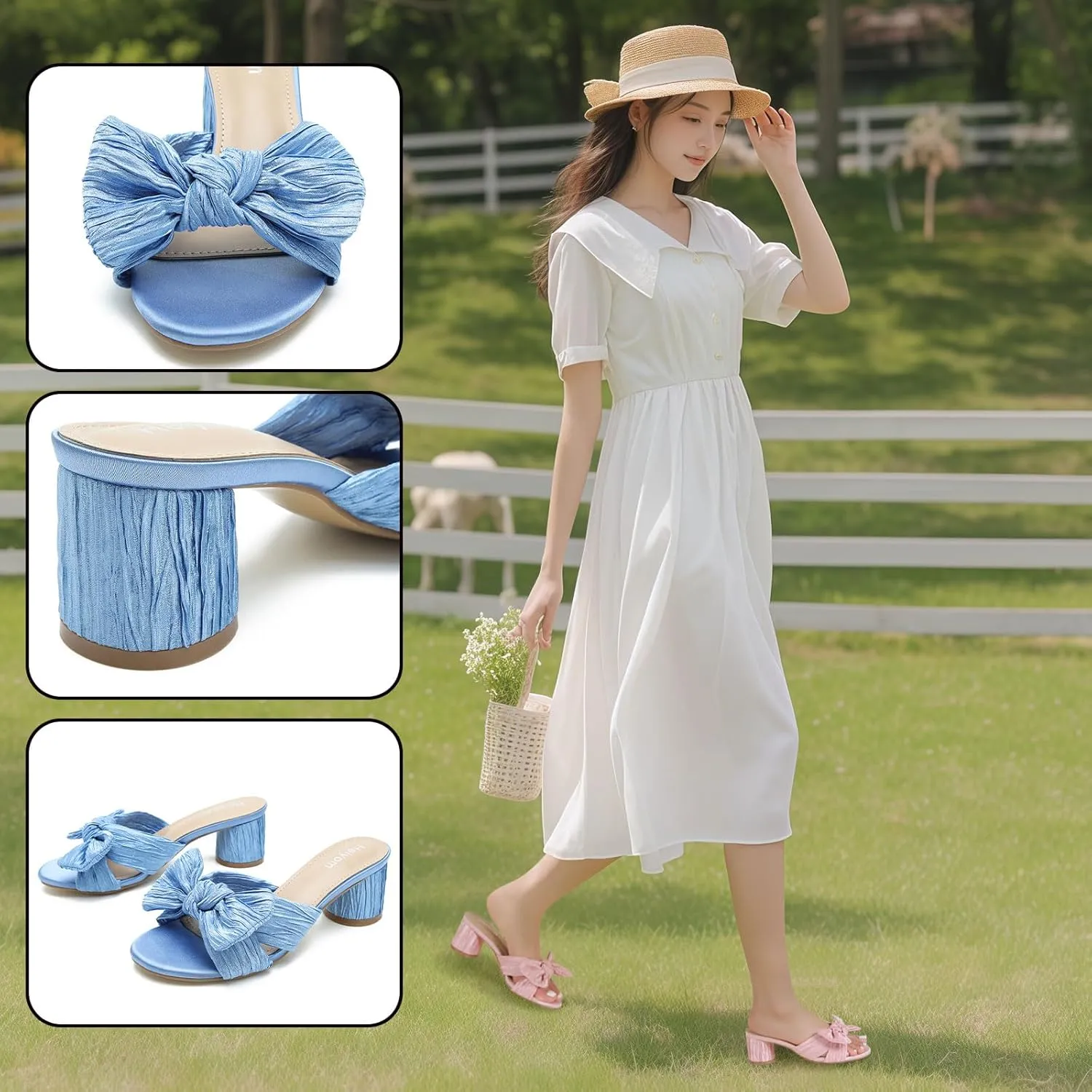 on Pleated Bow Heels Wedding Bridal Party Dress Shoes Heiyom Women's Bowknot Low Chunky Heels Mules rocky democratic Sandals Slip 