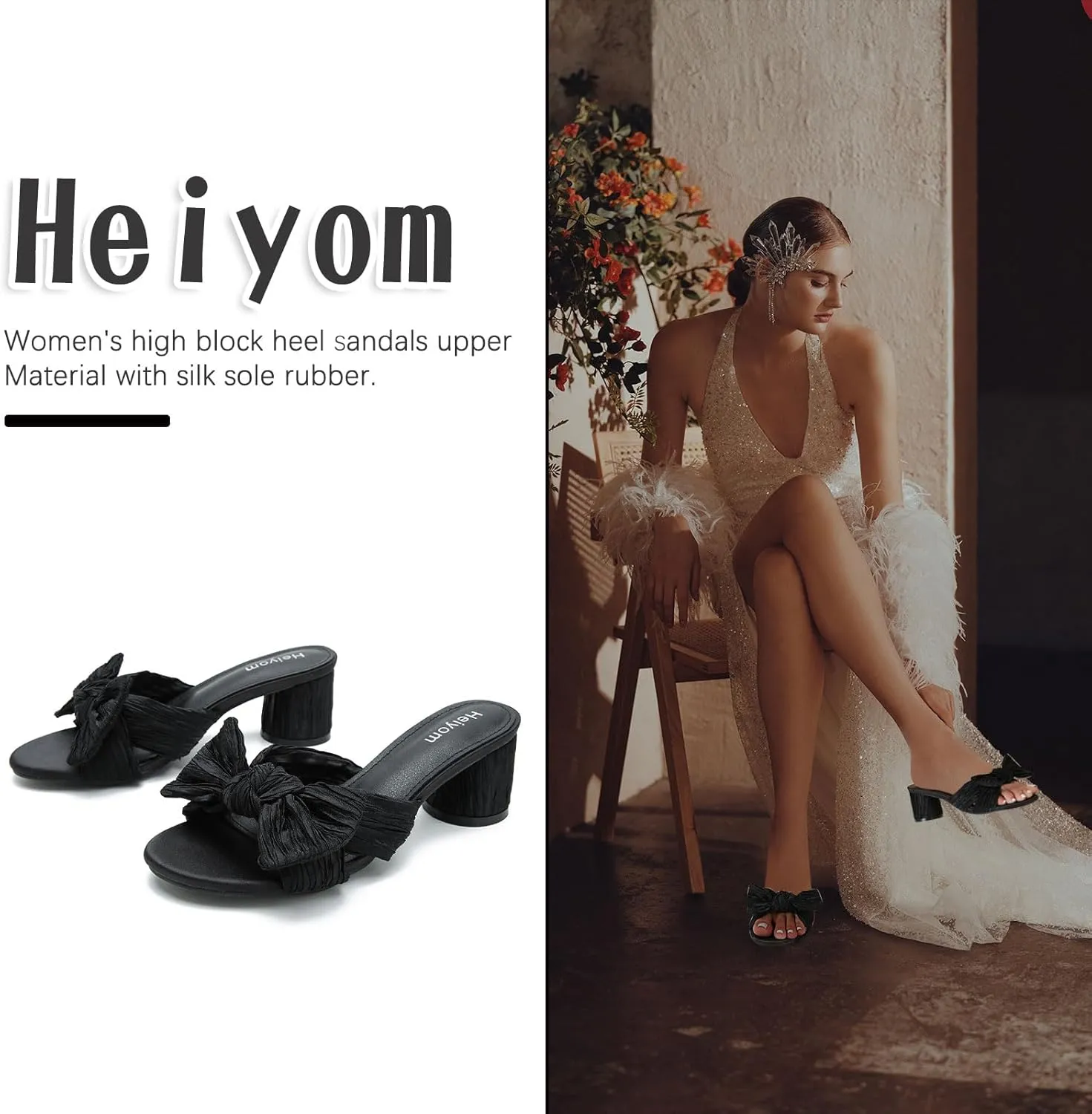 on Pleated Bow Heels Wedding Bridal Party Dress Shoes Heiyom Women's Bowknot Low Chunky Heels Mules rocky democratic Sandals Slip 