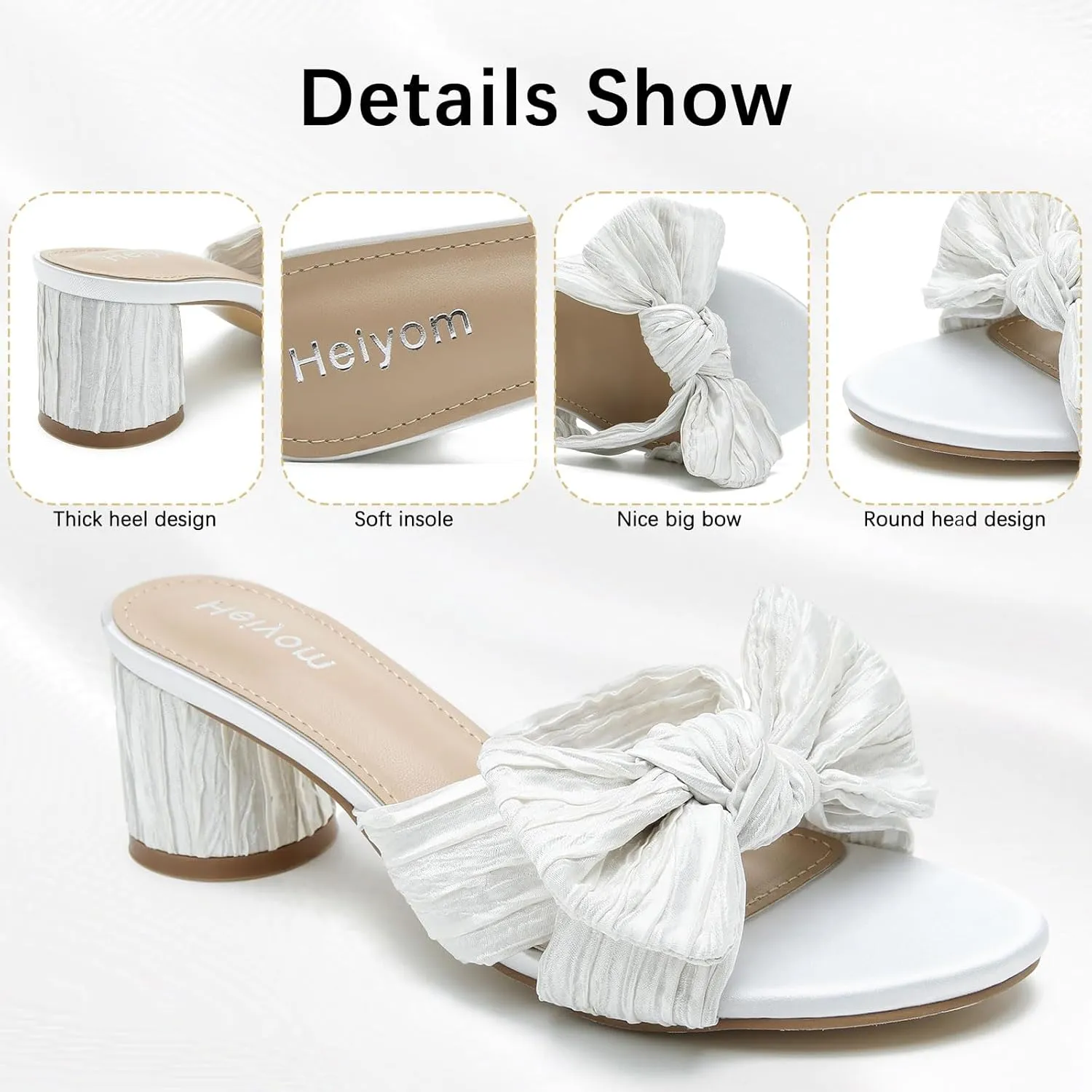 on Pleated Bow Heels Wedding Bridal Party Dress Shoes Heiyom Women's Bowknot Low Chunky Heels Mules rocky democratic Sandals Slip 