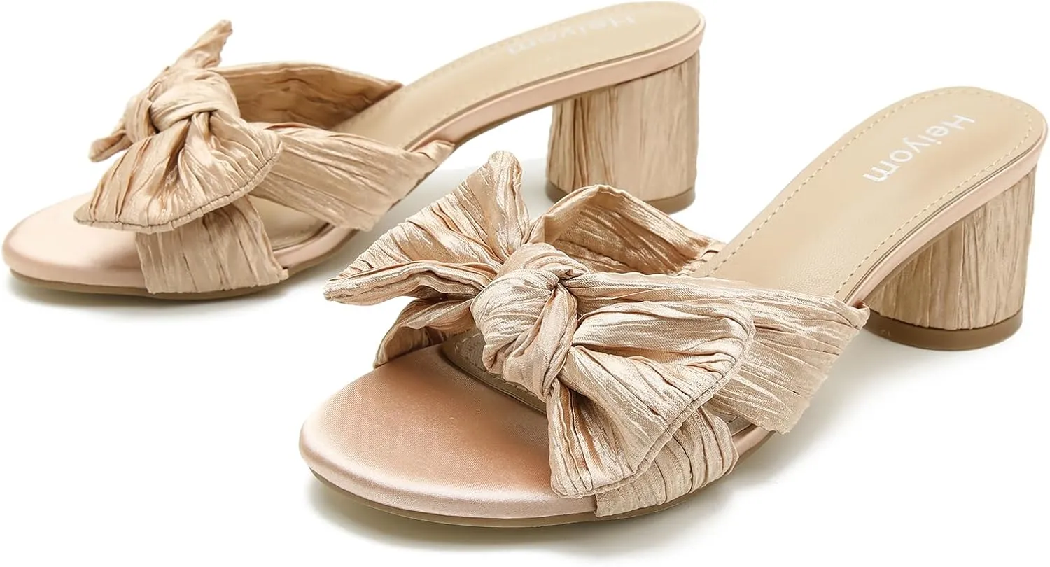 on Pleated Bow Heels Wedding Bridal Party Dress Shoes Heiyom Women's Bowknot Low Chunky Heels Mules rocky democratic Sandals Slip 