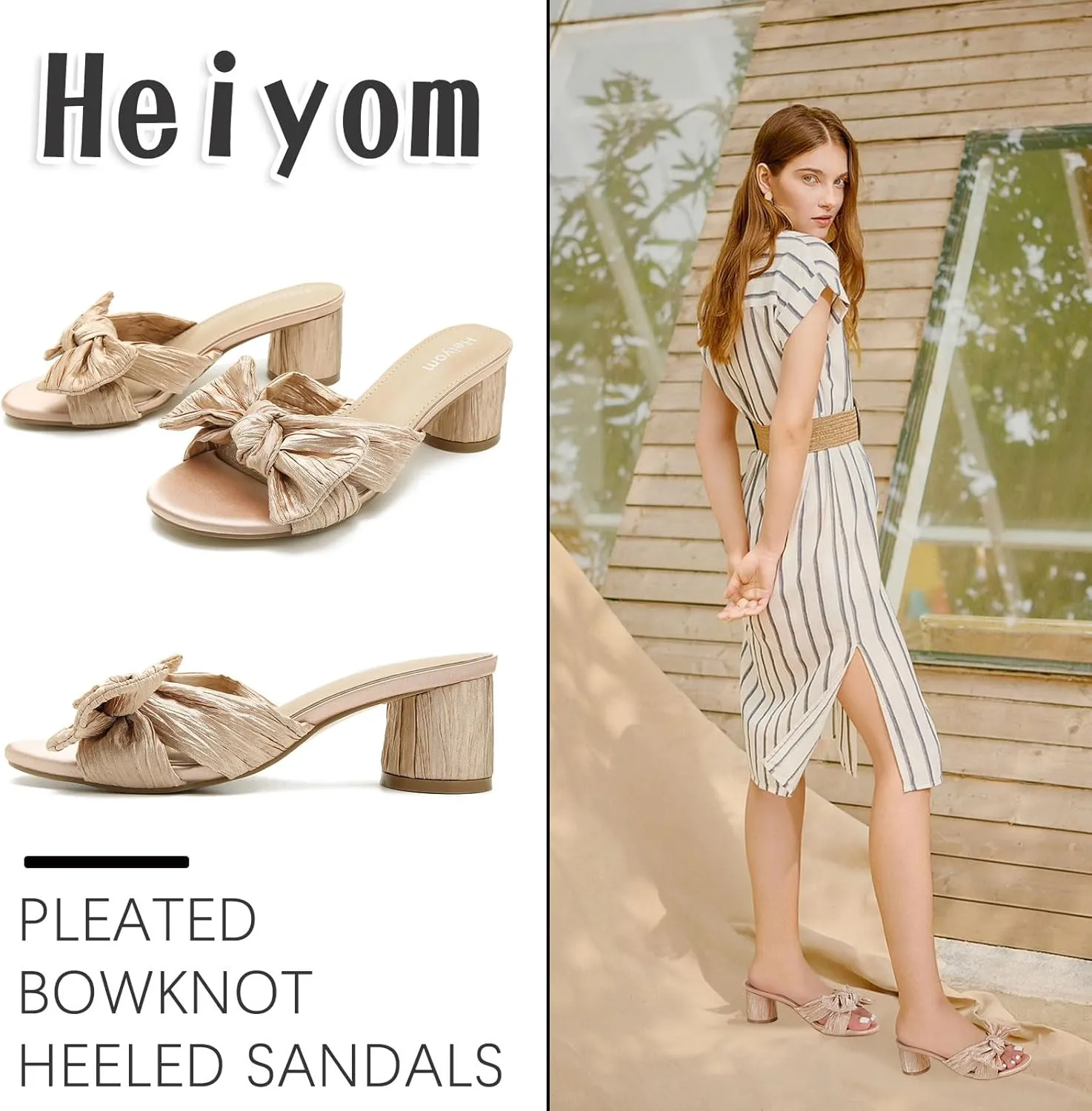 on Pleated Bow Heels Wedding Bridal Party Dress Shoes Heiyom Women's Bowknot Low Chunky Heels Mules rocky democratic Sandals Slip 