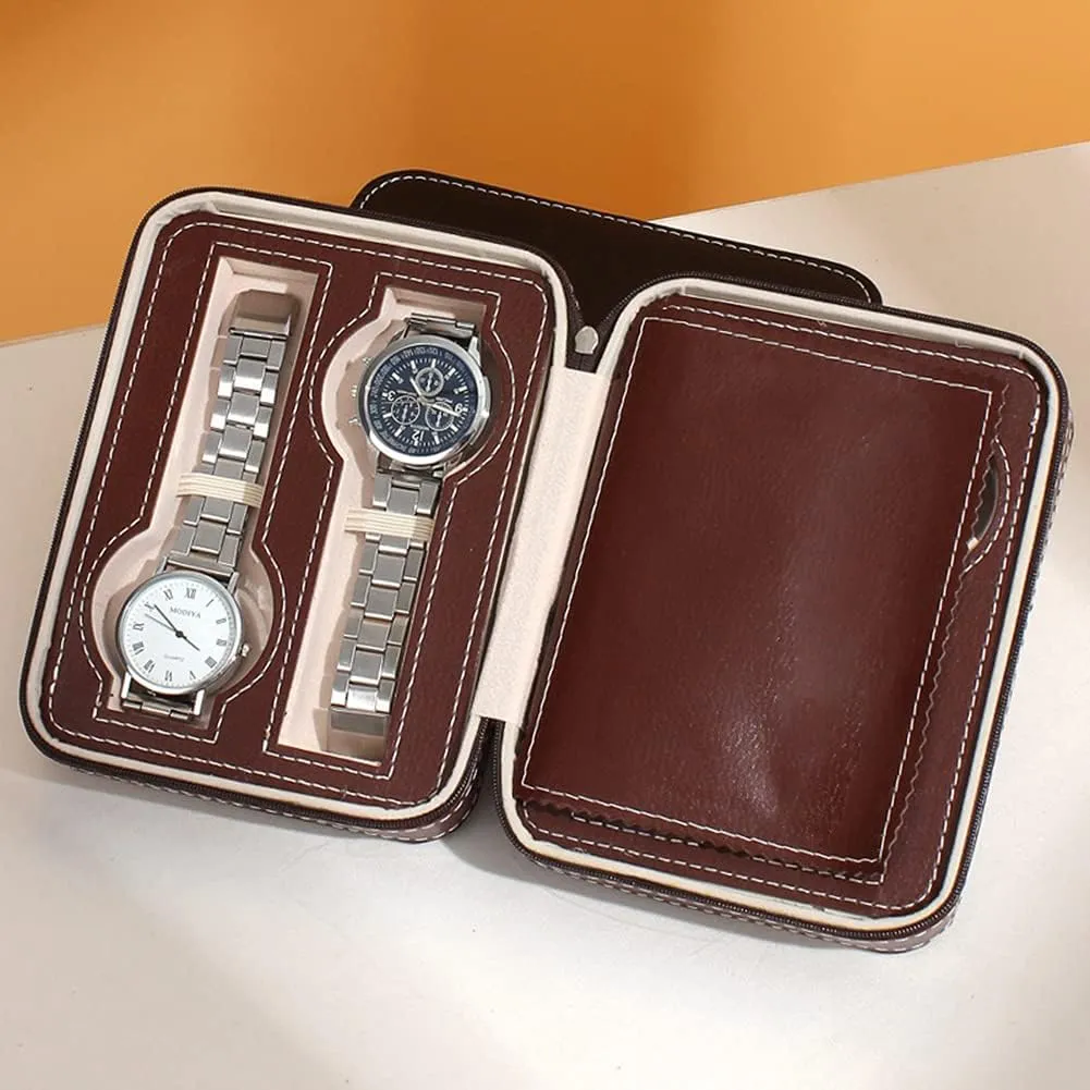 Organizer (brown2) standard annul Leather Watch Travel Case Portable Zippered Watch Display Box 