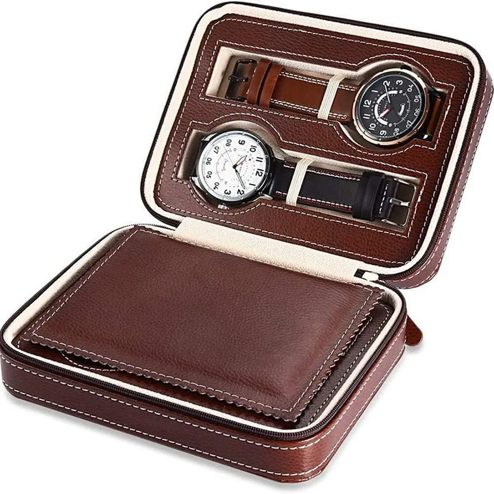 Organizer (brown2) standard annul Leather Watch Travel Case Portable Zippered Watch Display Box 
