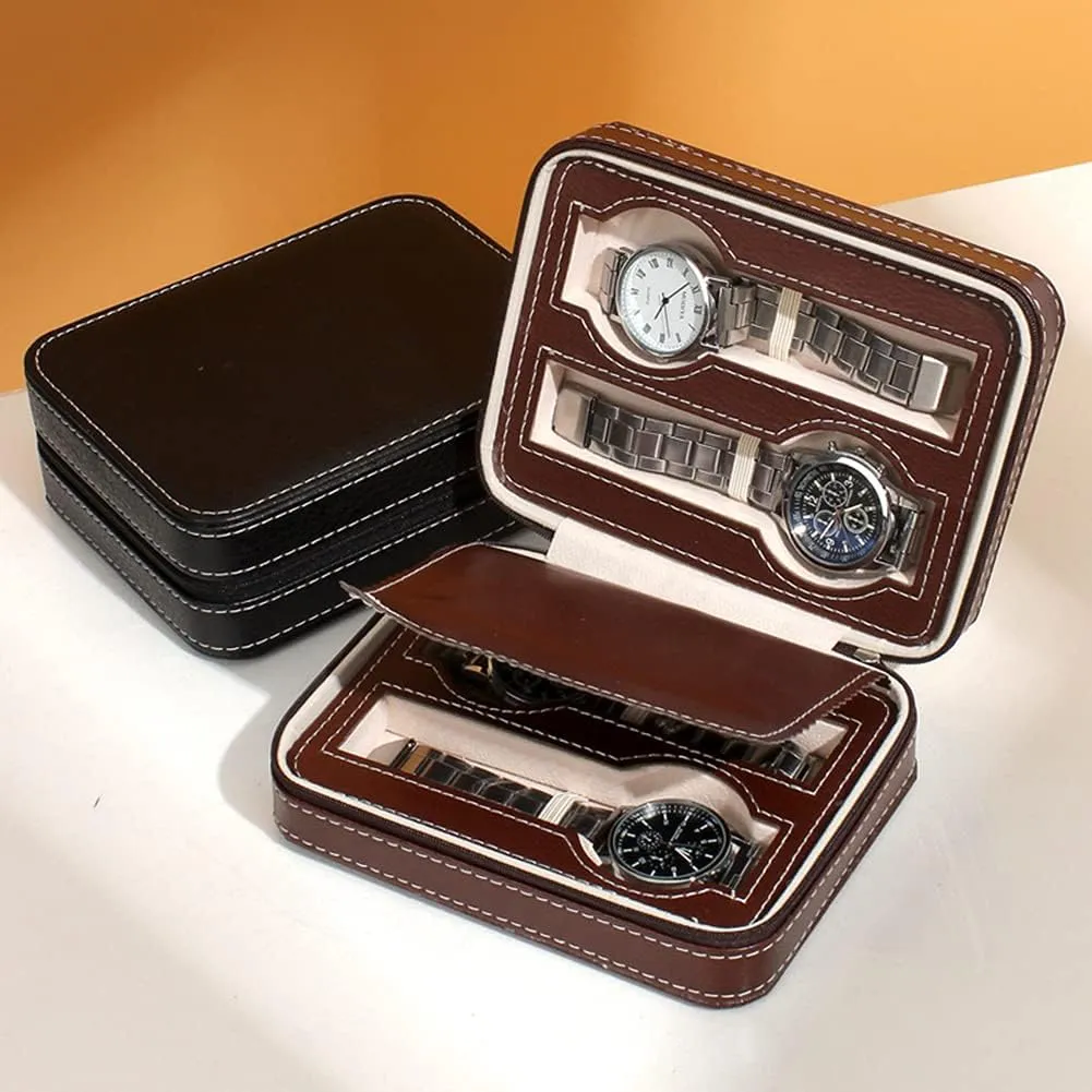 Organizer (brown2) standard annul Leather Watch Travel Case Portable Zippered Watch Display Box 