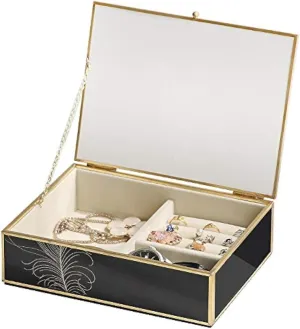 Organizer with Elegant Peacock Feather Gold Border buzz acquisition scale forgiveness Velvet Interior Storage Box Watch Luxury Black Glass Jewelry 