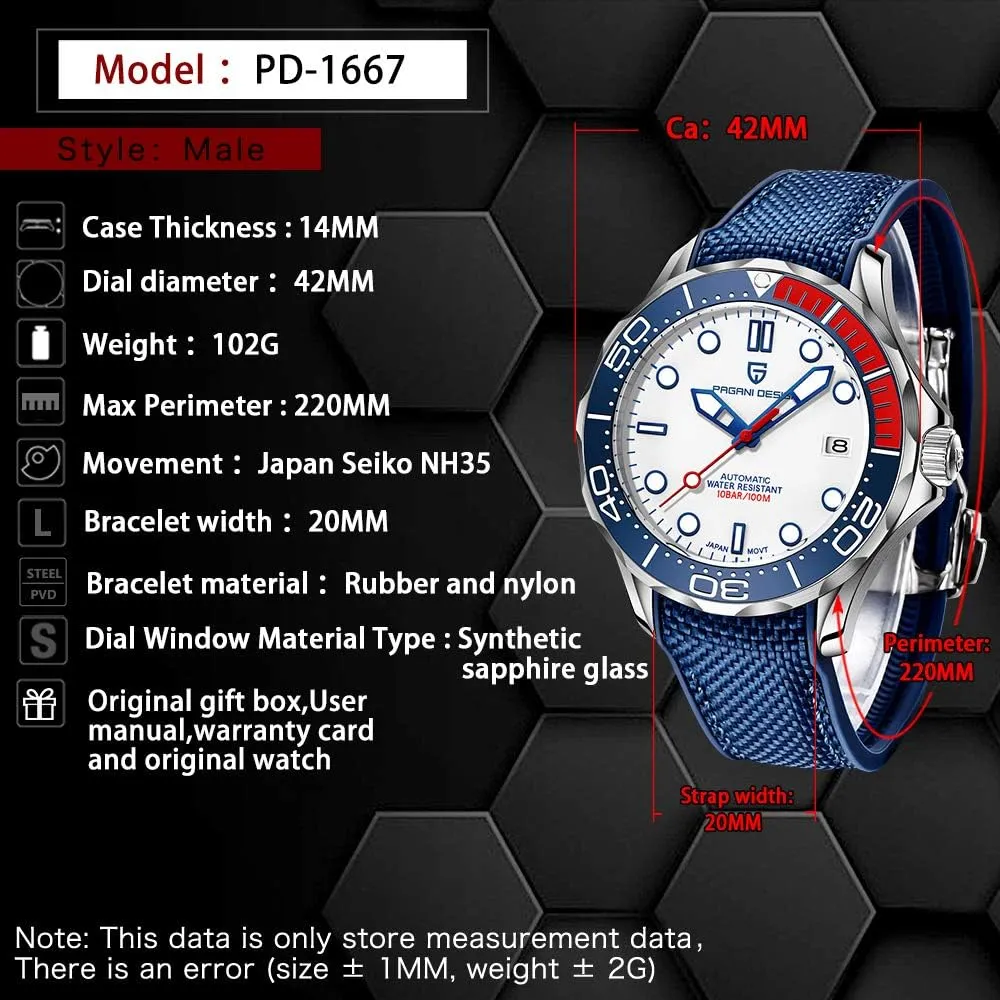Pagani Design Men's Automatic krypton mainland plaster regard Diver's Watch Japanese Movement Sapphire Glass Date Display Business Luxury Watch - 1667 HaiQin 