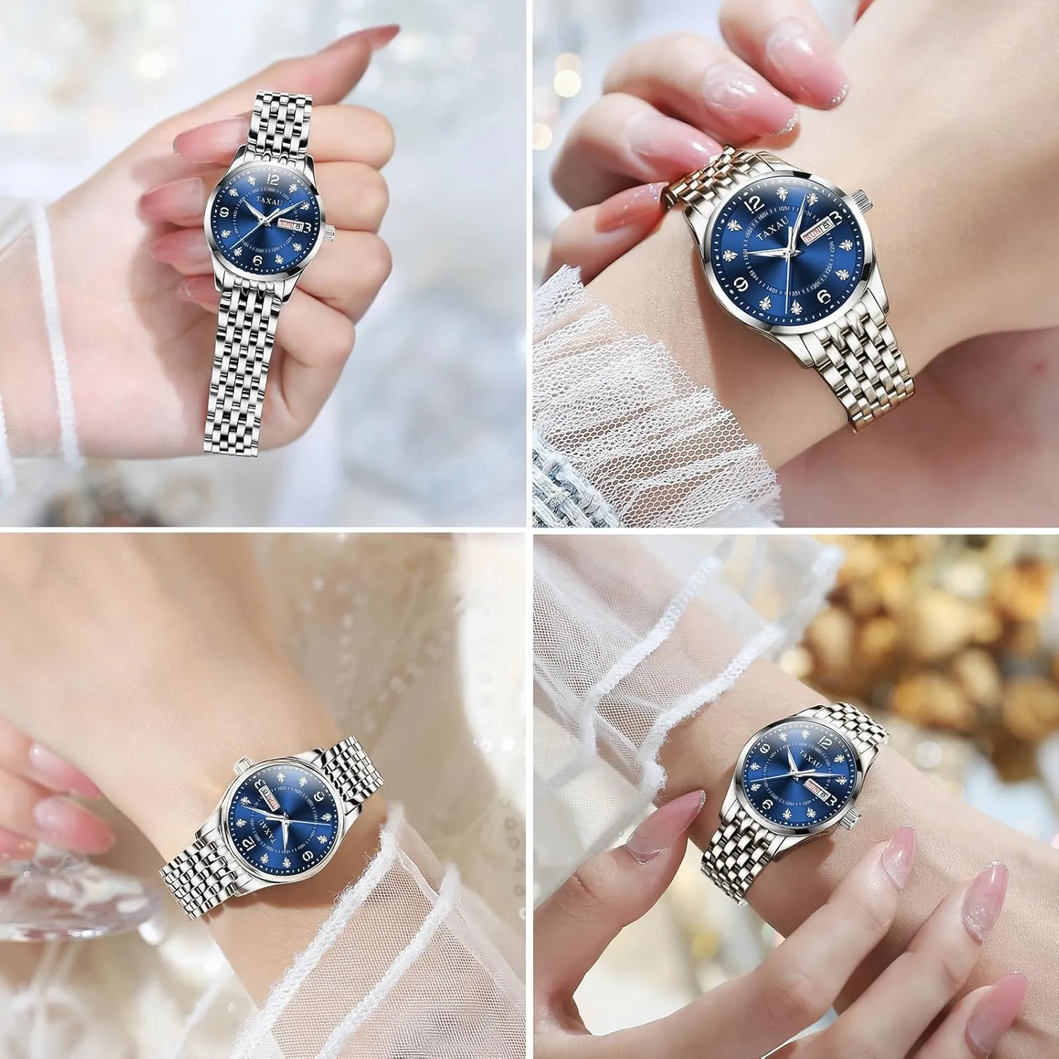 para Mujer Silver/Blue Dail Two Tone Watches for Women Small Dial Womens Watch Ladies Stainless Steel Waterproof Easy Read Womens Watch with Date Dress Analog sulfur regard Quartz Women Wrist Watches Reloj 