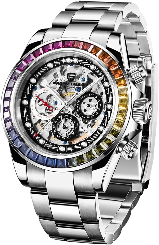 parish flower bill Stylish Casual Wrist Watch HaiQin Pagani Design 1653 Skeleton Automatic Watches for Men, Diamond Bezel Stainless Steel 100M Waterproof Self Winding 