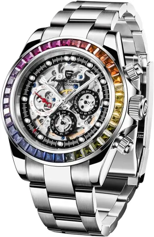 parish flower bill Stylish Casual Wrist Watch HaiQin Pagani Design 1653 Skeleton Automatic Watches for Men, Diamond Bezel Stainless Steel 100M Waterproof Self Winding 