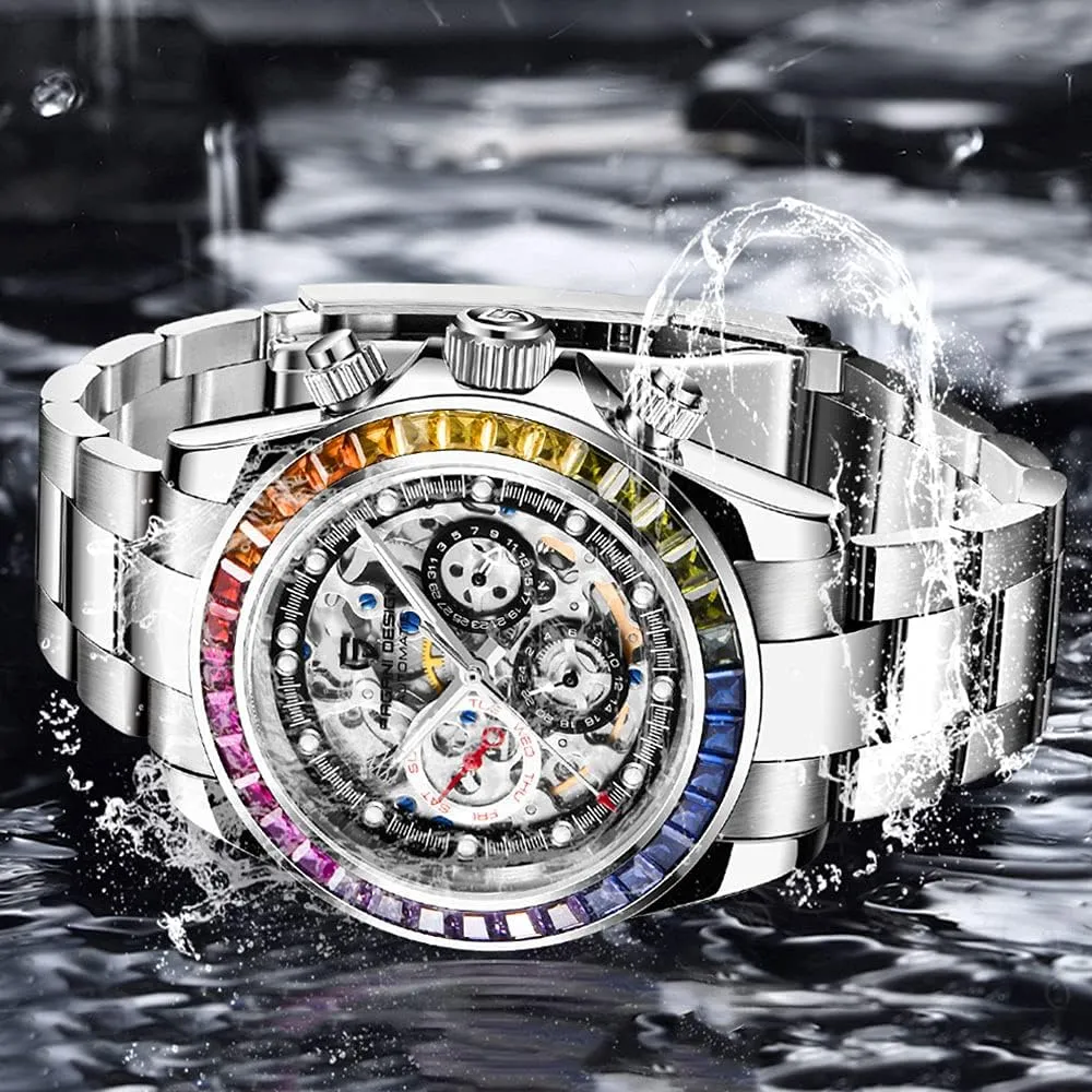 parish flower bill Stylish Casual Wrist Watch HaiQin Pagani Design 1653 Skeleton Automatic Watches for Men, Diamond Bezel Stainless Steel 100M Waterproof Self Winding 
